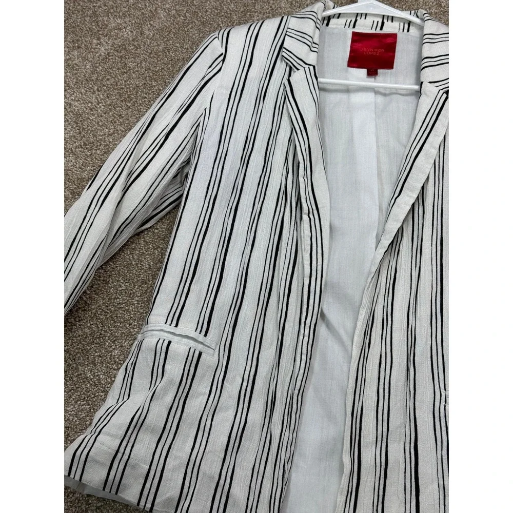 Jennifer Lopez Womens XS White Black Striped Open Front Roll‎ Tab Sleeve Blazer